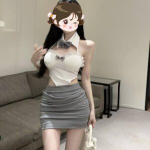 Lace Halterneck Roleplay Dress with Waist Cutout and Pleated Mini Skirt