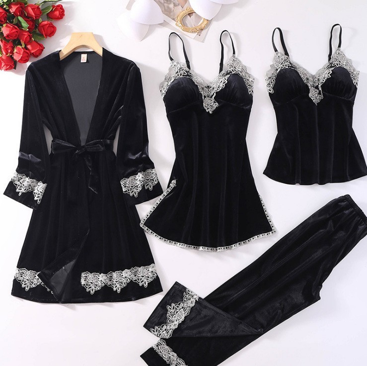 Women's Lace Pajama Set with Gold Velvet Finish, Five-Sleeve Top and Seven-Point Pants, Royal Blue XXL - Image 4