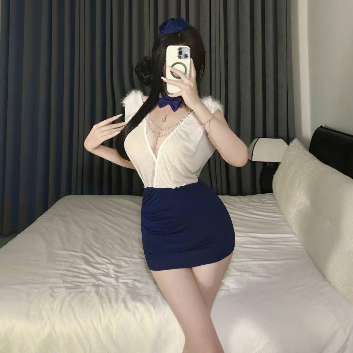 Stewardess Role-Play Lingerie Set with Deep V See-Through Top and Hip Skirt - Image 4