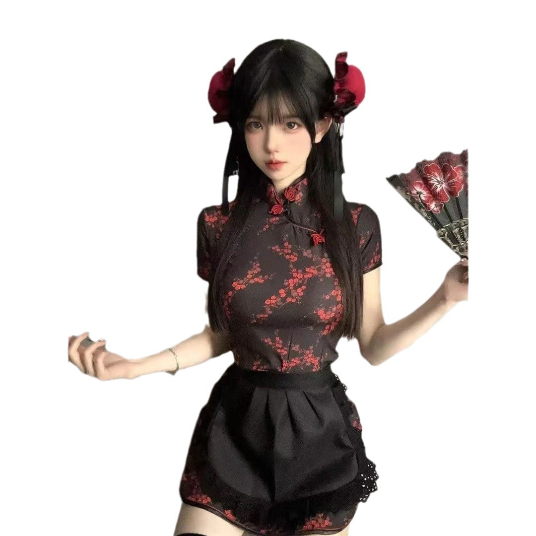 Lolita Maid Apron Cosplay Dress Set with Tie Straps, Short Chinoiserie Cheongsam Style - Image 5