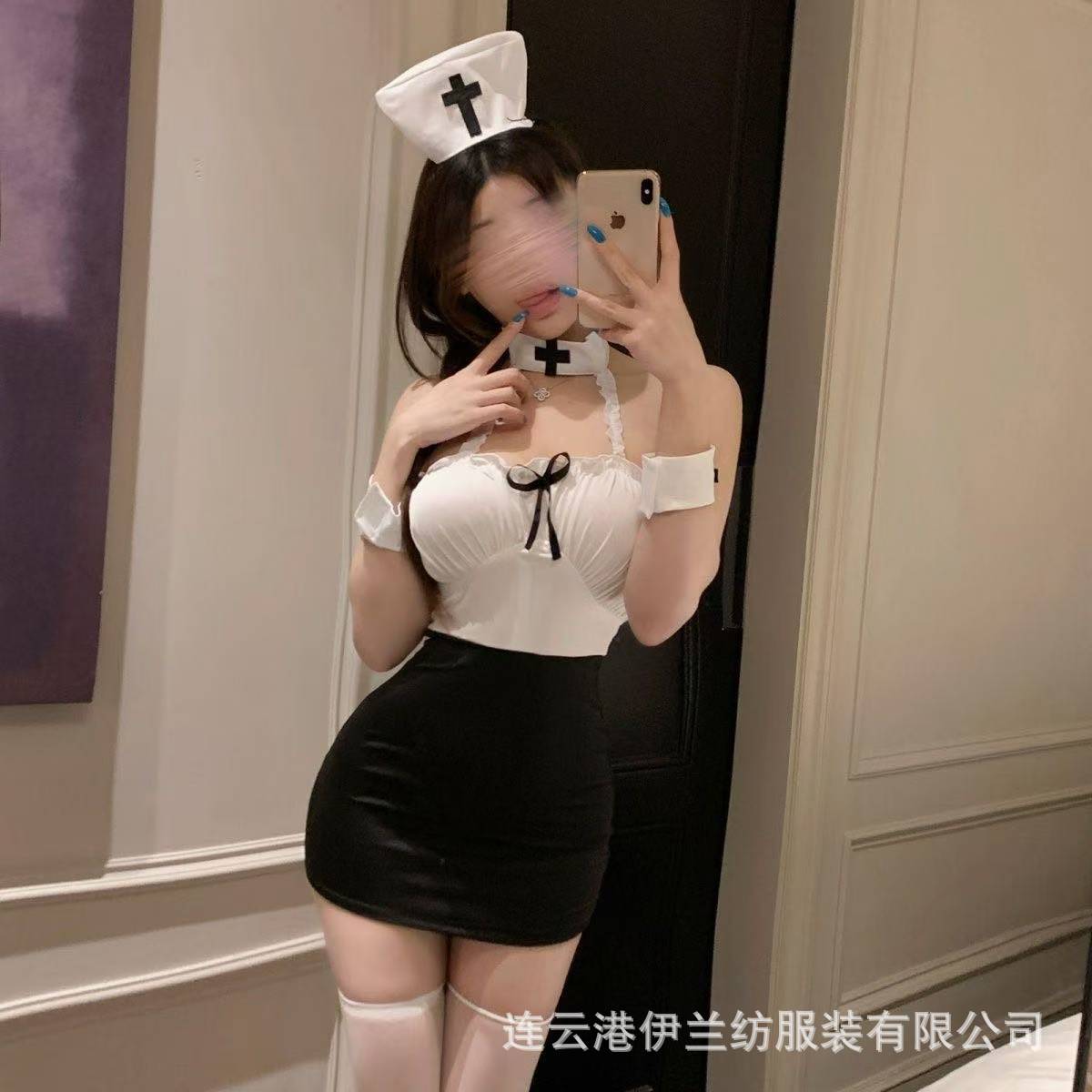 Nurse Role Play Costume Set with Headpiece and Wrist Cuffs, Polyester Bodysuit - Image 2