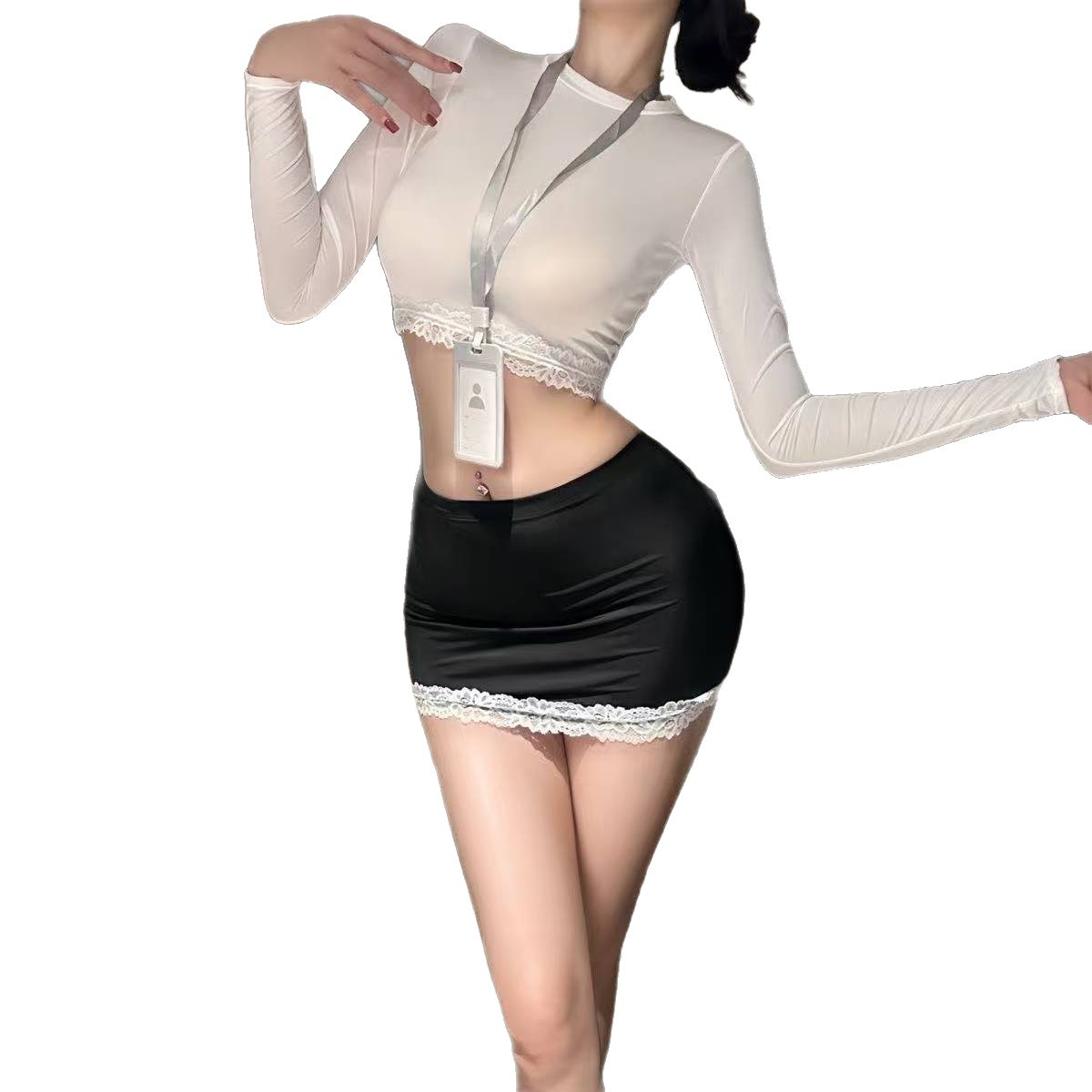 Secretary Roleplay Costume Set with See-Through Top, Hip Skirt and Bodystocking - Image 5