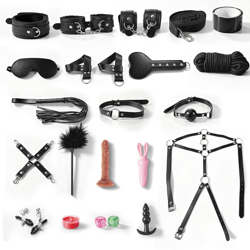 SM Faux Leather Bondage Set with Handcuffs, Whip, Anal Plug and Nipple Clamps - Image 5