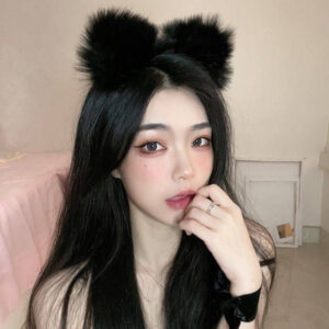 Fox Fur Plush Headband with Cat Ears and Bell Choker, Black
