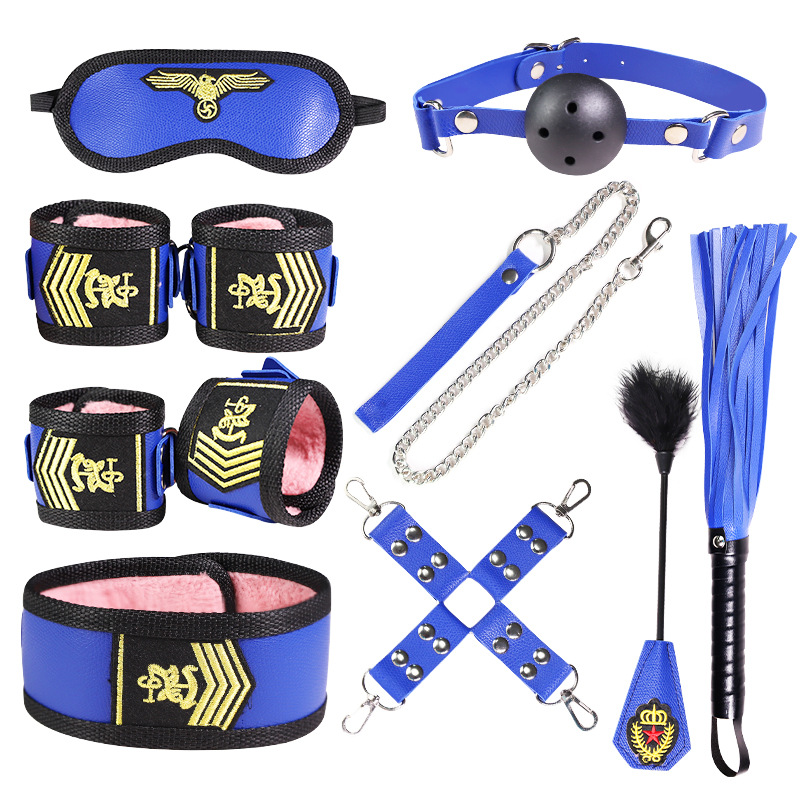 Nine-Piece Bondage Kit with Metal Handcuffs and Nipple Clamps, PU Leather, White - Image 3