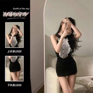 Cat Girl Maid Lingerie Set with Lace Detail and Detachable Hip Skirt, Black One Size