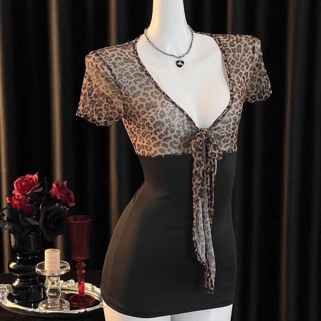 Leopard Print Deep V Lingerie Set with Lace-Up Top and Hip-Hugging Mini Skirt, One-Size Women's Costume - Image 2