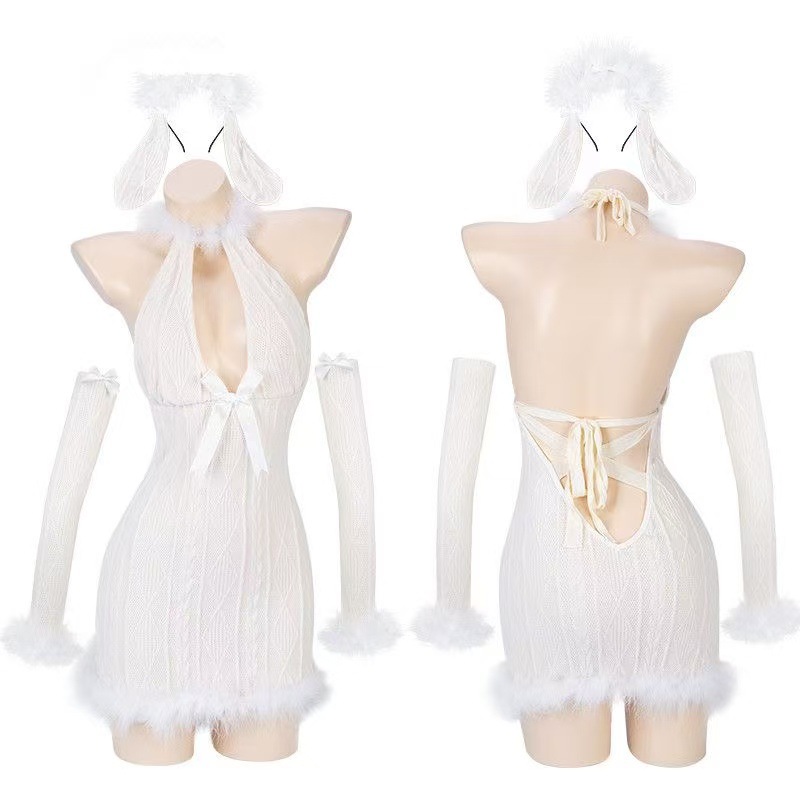 Purple Hollow-Out High-Neck Lingerie Set with Bodycon Mini Skirt, One Size - Image 5