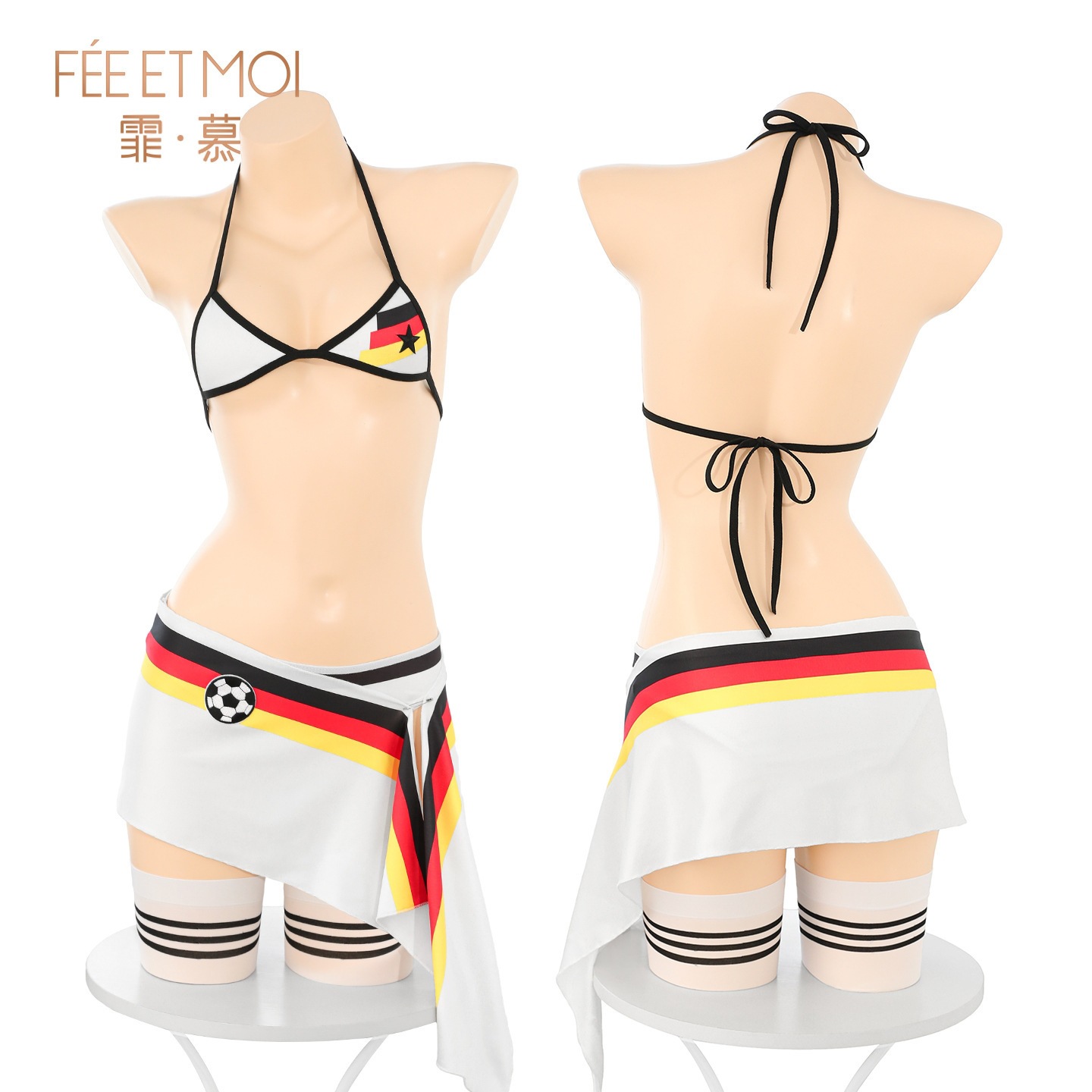 Feimu & Miji Football Babe Halter Neck Cover-Up Set with Eye Mask, White Print - Image 5