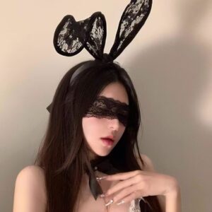 Lace Cat Ear Headband for Women with Eye Mask and Bell, Black Cosplay Hair Accessory