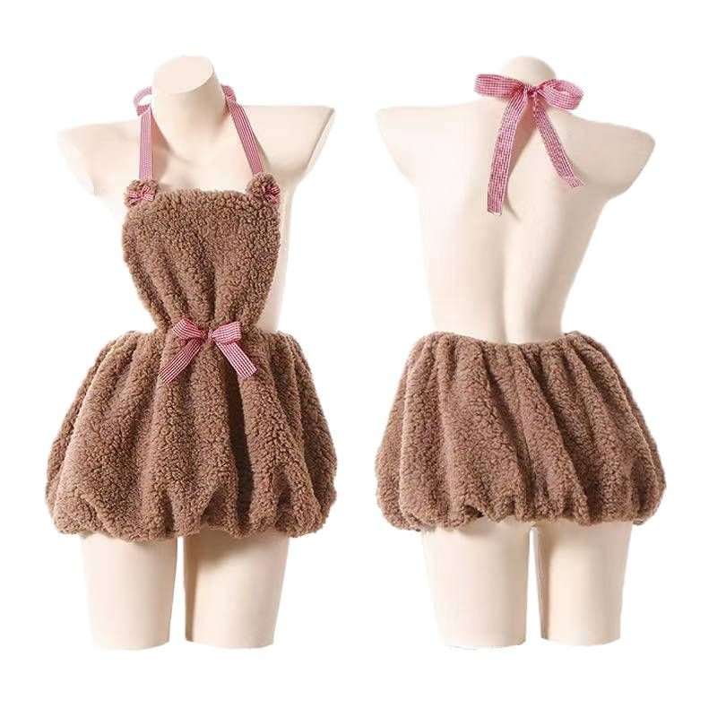 Plush Backless Maid Dress with Neck-hanging Bear, Cute Cosplay Lingerie, One Size - Image 5