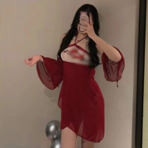 Chinese-Style Halter Belly Dress Pajama Set with Plum Blossom Embroidery and Mesh Sleeves