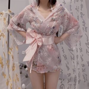 Women's Chiffon Kimono Robe Set with Bow and White Stockings, One Size