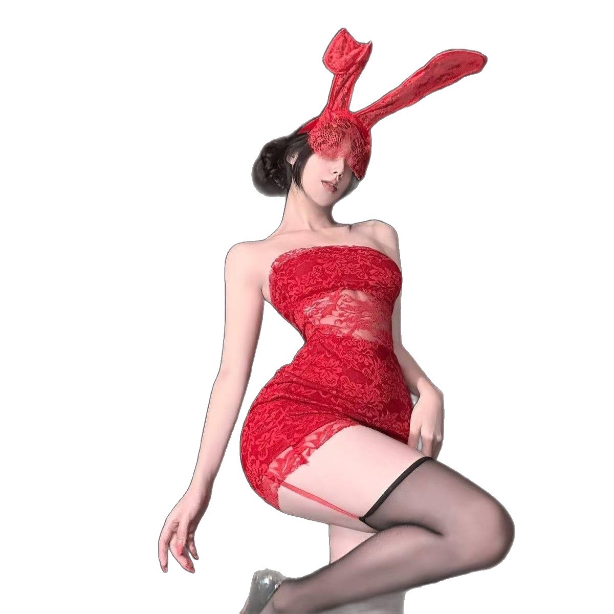 Retro Lace One-Shoulder See-Through Babydoll Dress with Garters and Veil Ears - Image 5
