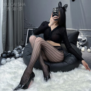 Large Size Jacquard Fishnet Stockings, Tear-Resistant Cut-Out Design, Black One Size
