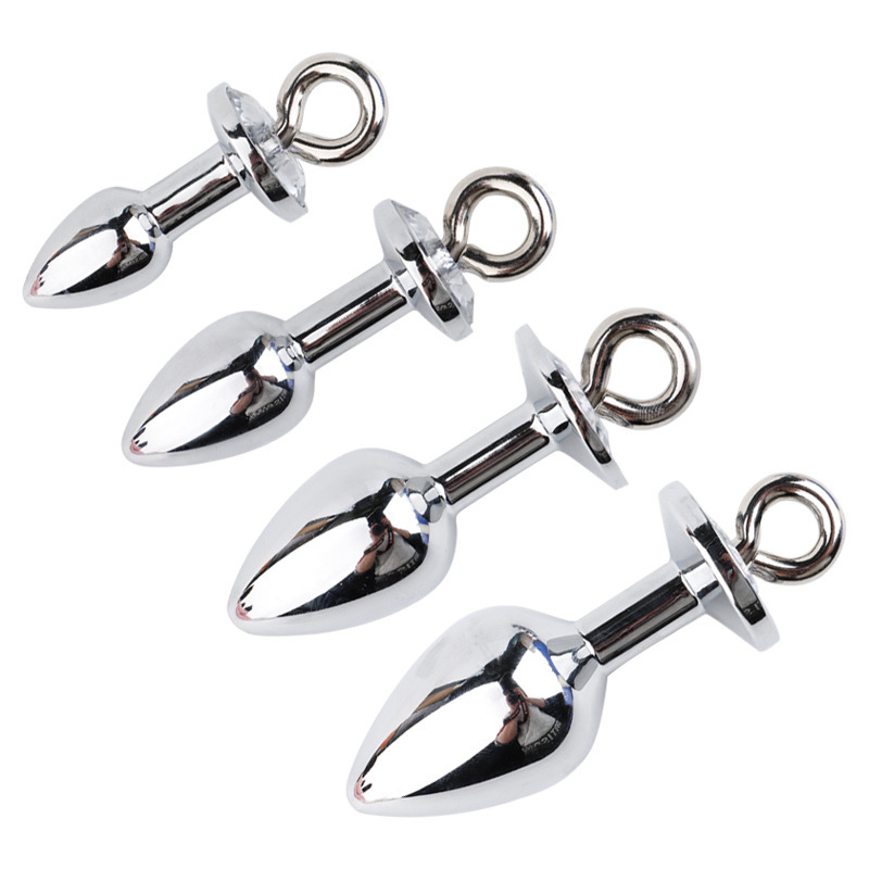 Metal Anal Plug with Diamond-Studded Pull Ring, Silver Aluminum Alloy, Wearable Design - Image 2