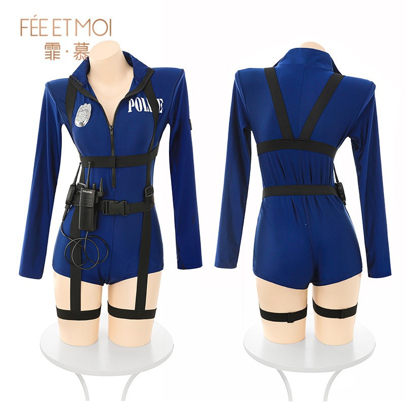 FBI Instructor-Style Bodycon Jumpsuit Lingerie Set with Chest Cutout, Blue, One Size - Image 5