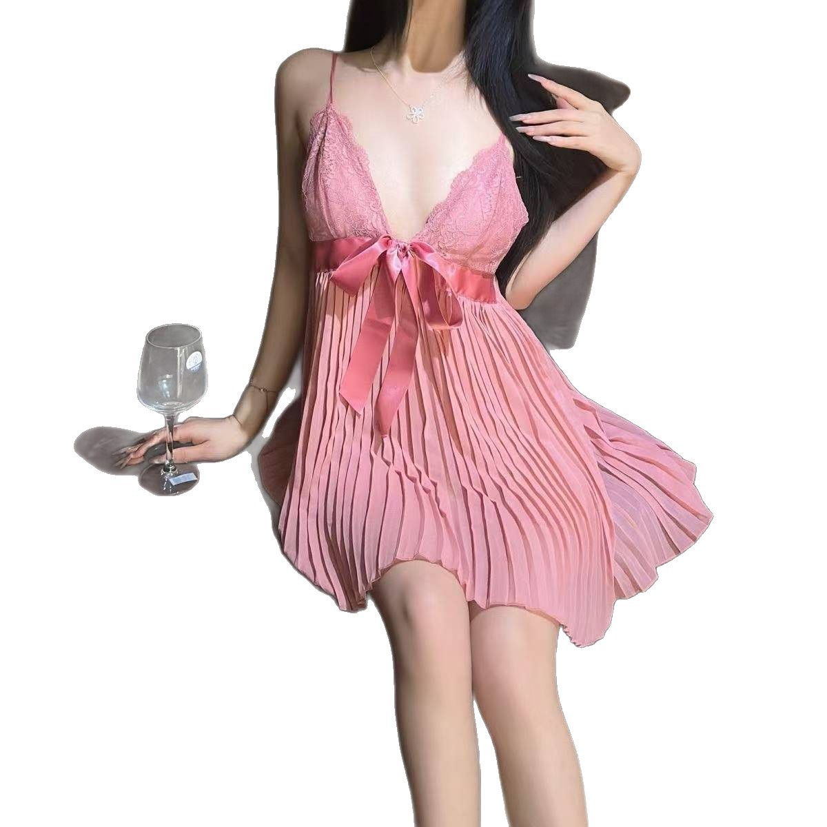 French-Style Deep V-Neck Strap Nightgown with Bow Detail and Chest Pads, Black Polyester Sleepwear - Image 5