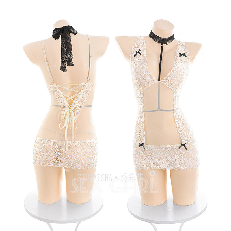 See-Through Lace Babydoll Set with Halter Neck, Thong and Open-Crotch Stockings - Image 5