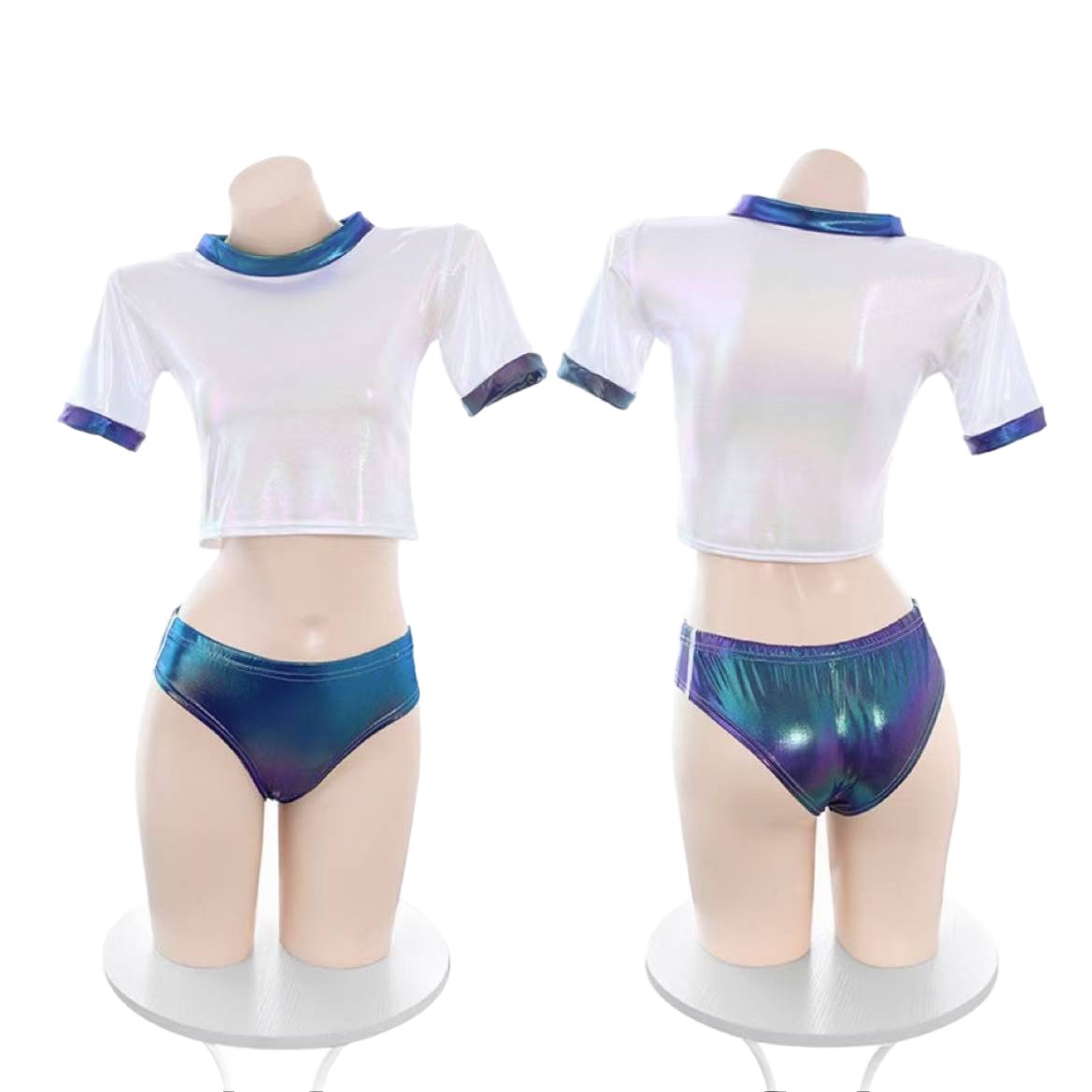 Japanese-Style Schoolgirl Roleplay Lingerie Set with Laser-Effect Top, Shorts and Thigh-High Stockings - Image 5