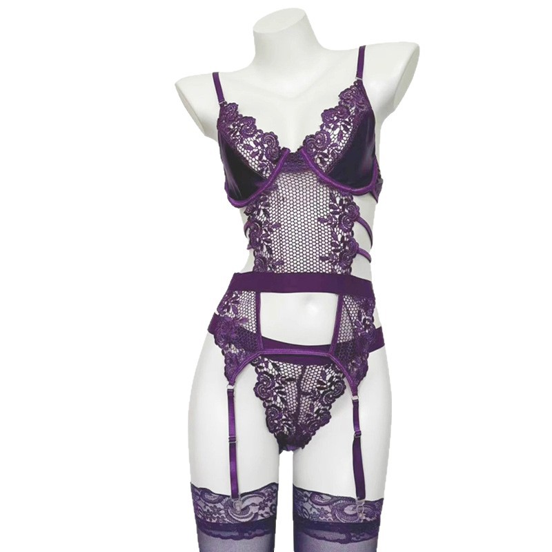 Purple Lace Underwire Jumpsuit Lingerie Set with Garters, Thong, Gloves and Stockings - Image 5