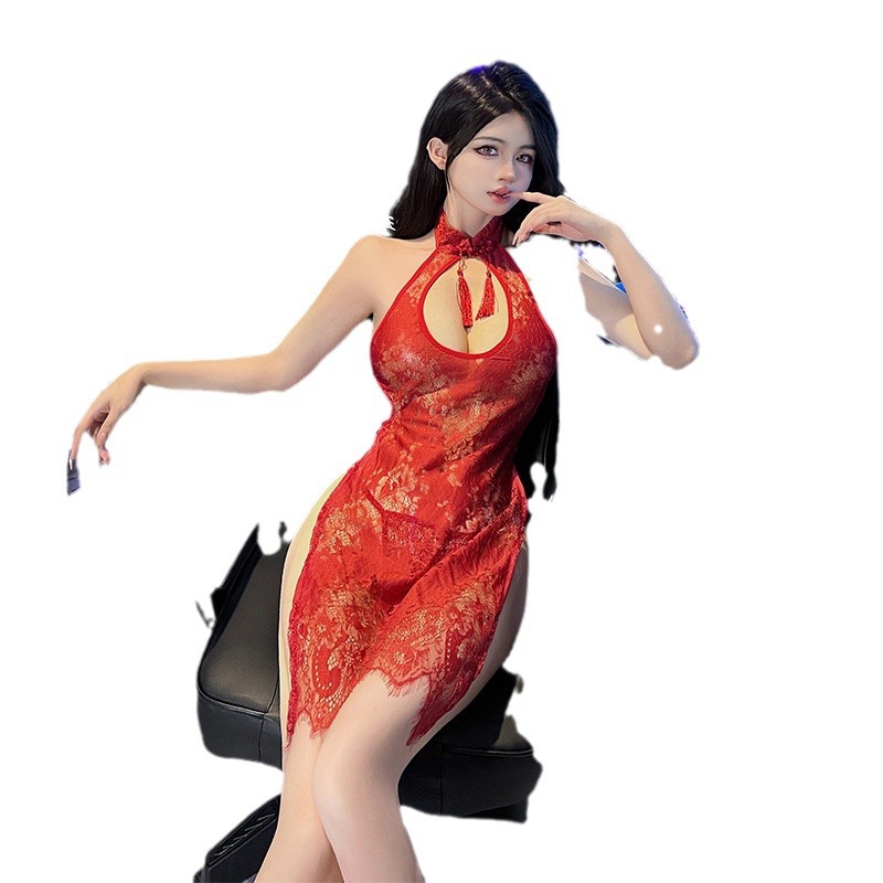 Red Lace Halter Cheongsam-Inspired Mini Dress with Sling Straps - Image 5