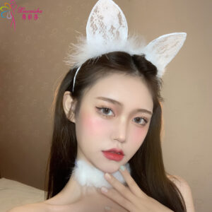 Bunny Ear Headband with Lace Eye Mask, Black Plush Costume Accessory Set