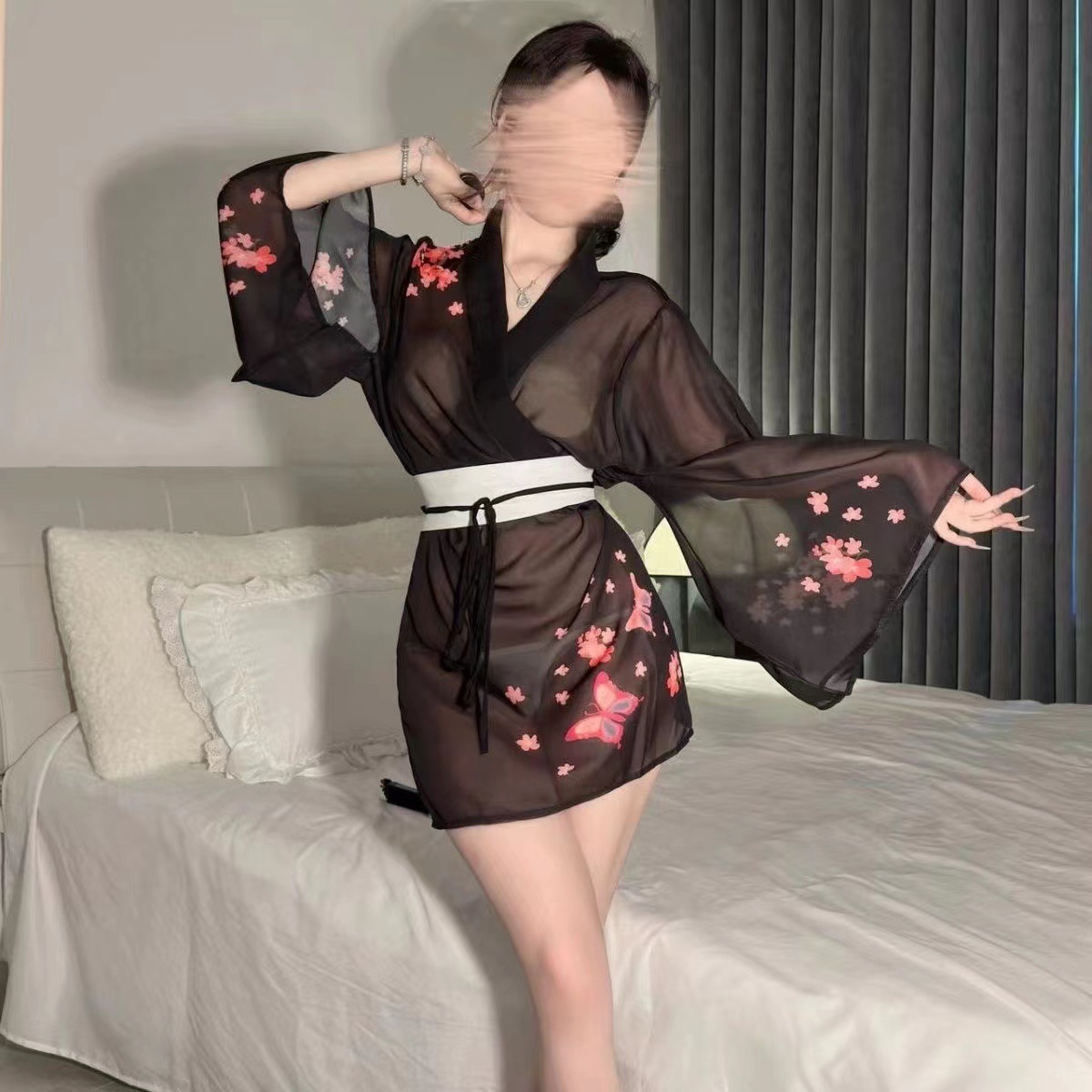 Japanese-Style Cherry Blossom Kimono Lingerie Set with Deep-V Top and Matching Open-Toe Stockings - Image 3