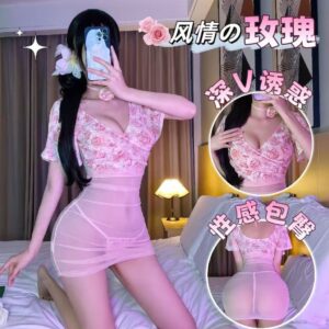 Rose Floral Sheer Deep-V High-Waist Cheongsam-Style Roleplay Dress