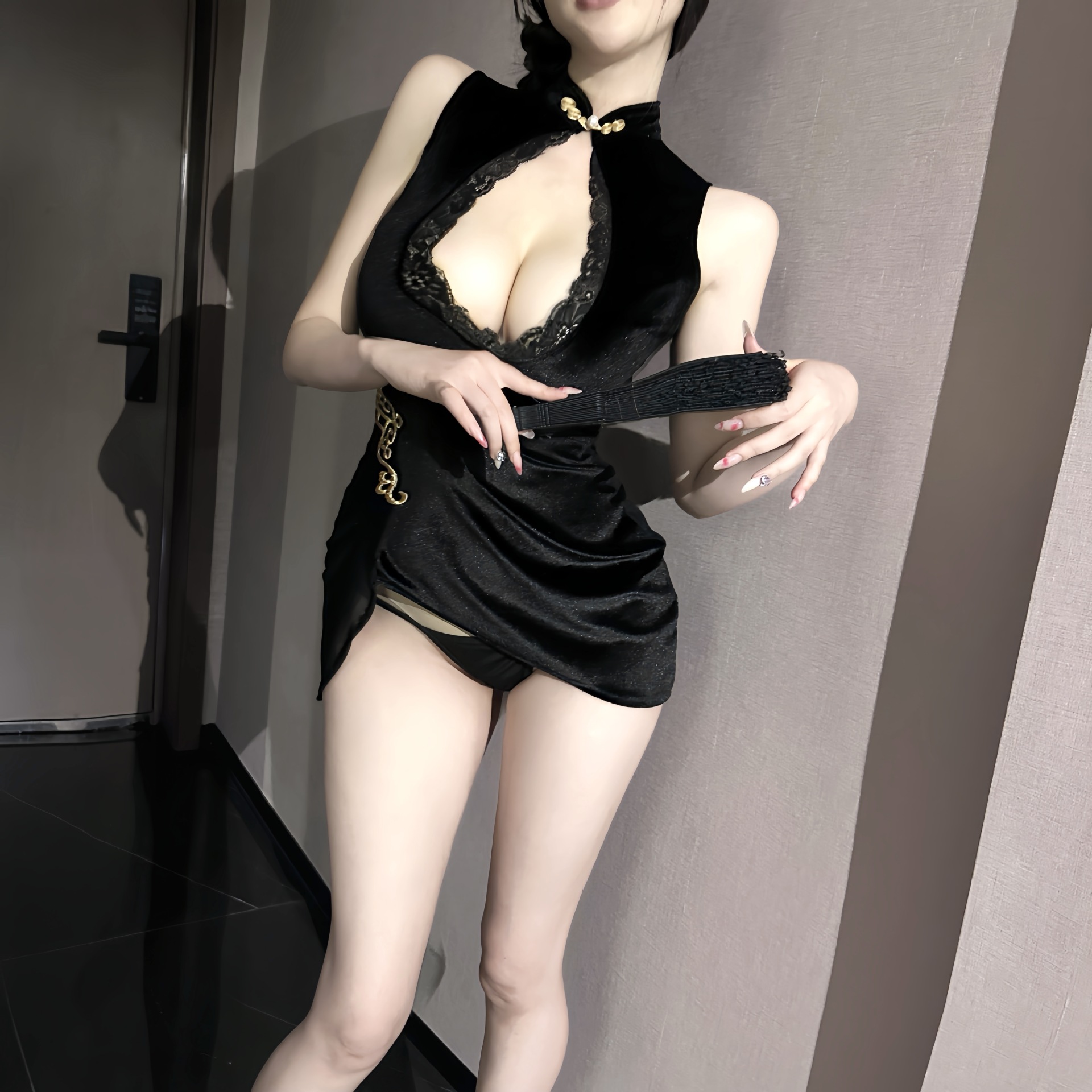 Sheer Lace Cheongsam Uniform Set with Stand Collar, Deep V-Neck and Hollow-Out Design - Image 4