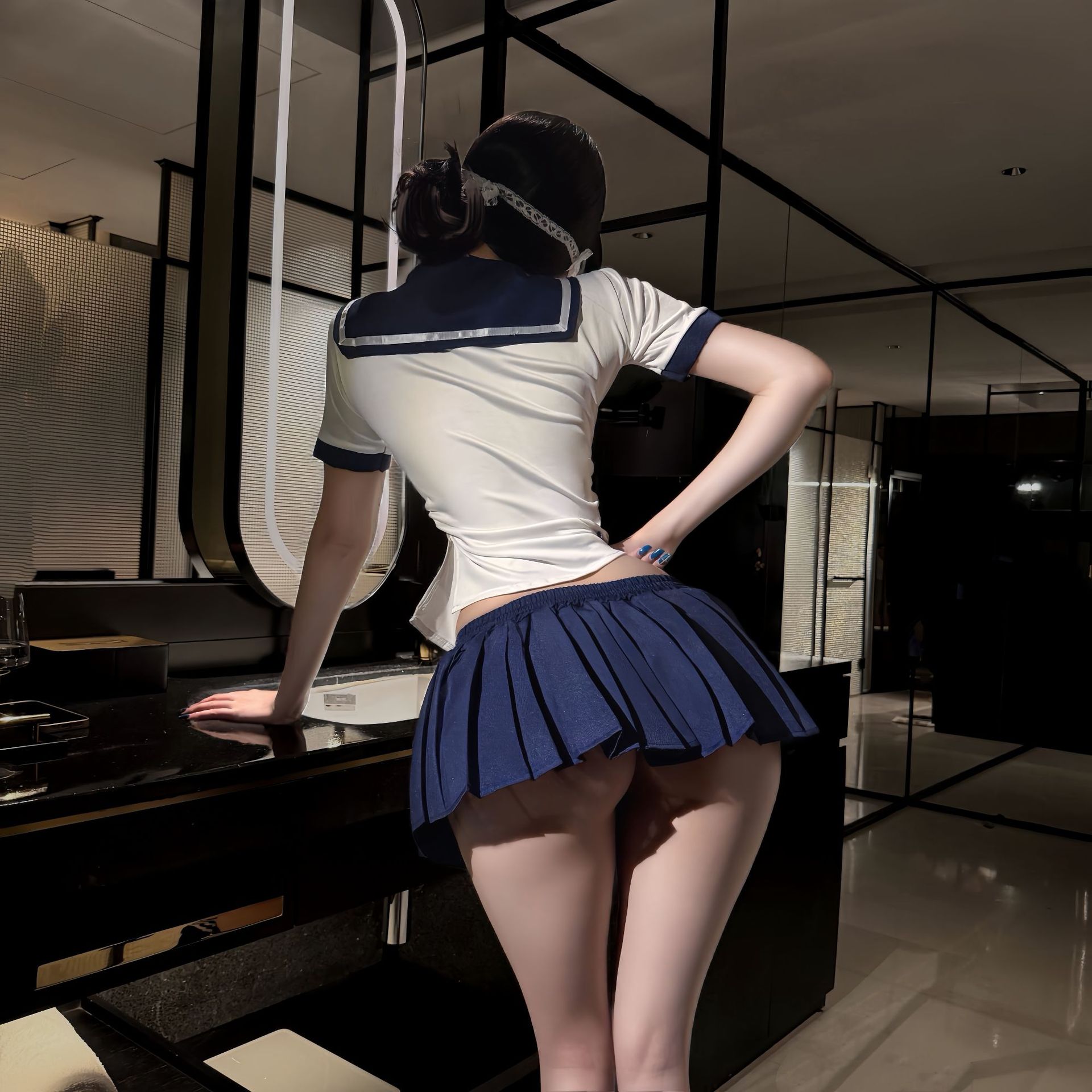 JK Uniform Maid Costume Set with Sailor Top, Short Skirt, Blindfold and Student Socks - Image 4