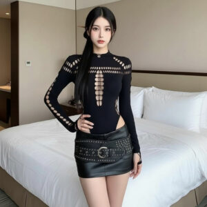 American Retro Spicy Girl Mesh Long-Sleeve Top with Black Stockings, Sheer Hollow-Out Summer Style
