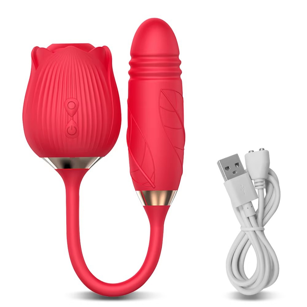 Rose Suction Vibrating Egg with Tongue Licking and Telescopic Motion, Silicone, Pink - Image 5