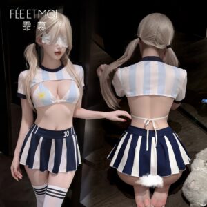 Green Field Football Babe Costume Set with Triangle Cup Top, Short Skirt, Eye Mask and Stockings