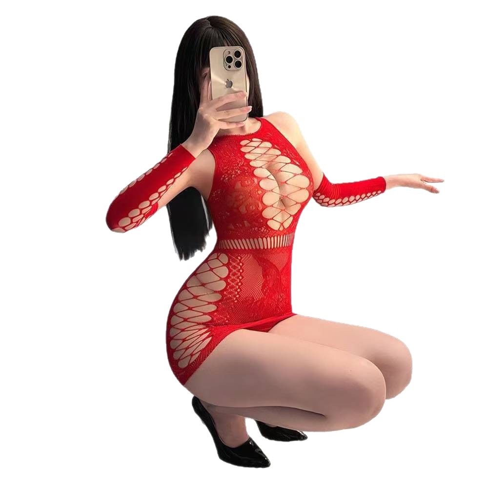 Purely Alluring See-Through Lace Net Dress, Slim-Fit Bodycon Mini Lingerie in Red, One Size - Image 5