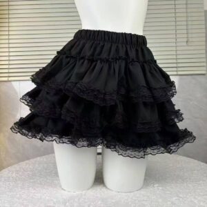 Lace High-Waist Puffy Mini Skirt, Black One Size, French Sweet Style