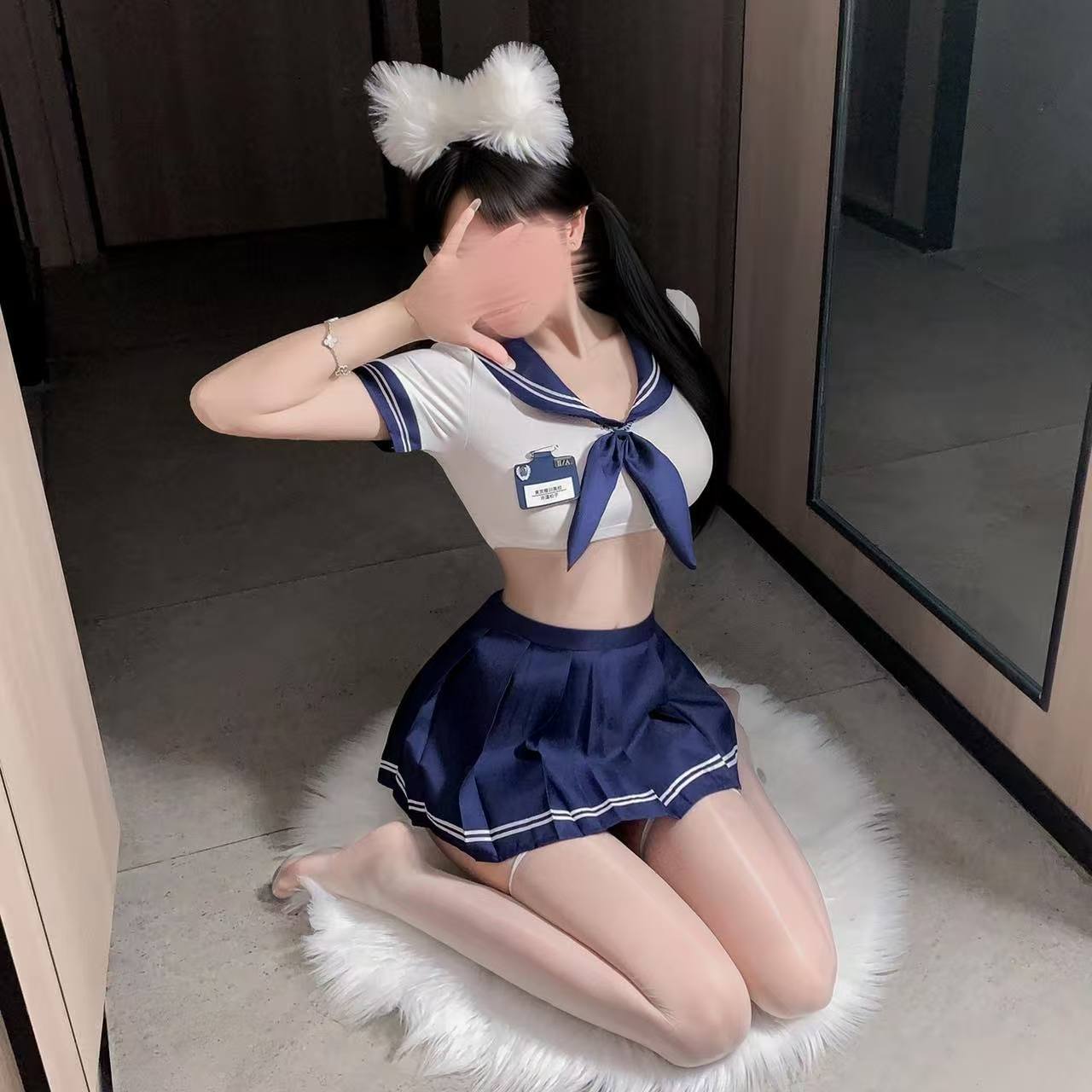 Sailor Schoolgirl Role-Play Lingerie Set with Pleated JK Skirt and White Stockings - Image 3
