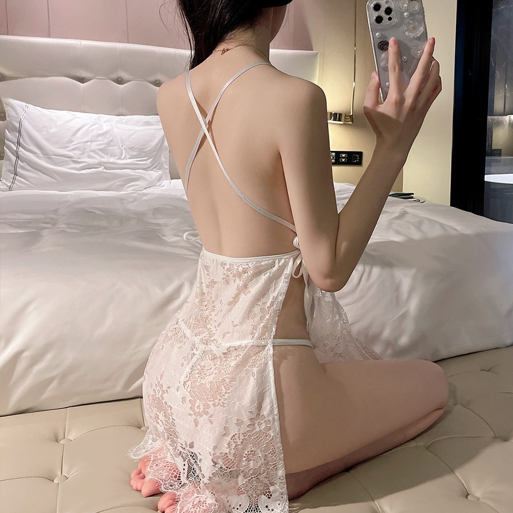 Women's Sheer Lace Nightdress with Fishnet Stockings, Backless Babydoll in Wine Red, One Size - Image 4