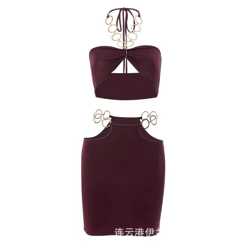 Halter Tube Top and Mini Skirt Set with Hollow Waist Detail in Wine Red - Image 5