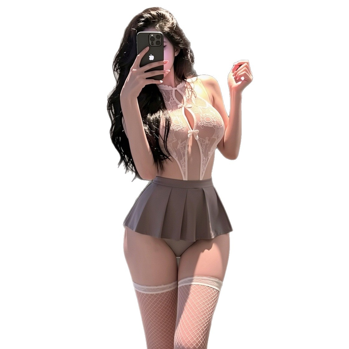School-Style Pleated Skirt Set with Open-Crotch Bodysuit, Polyester Uniform Lingerie Two-Piece - Image 5