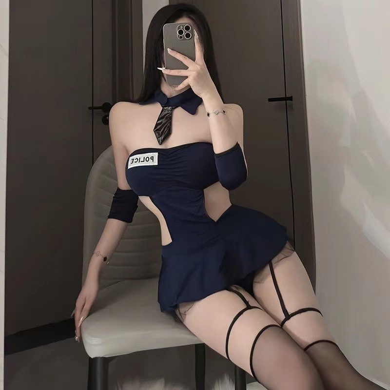 Police Officer Roleplay Lingerie Set with Stockings and Hat, One Size - Image 4