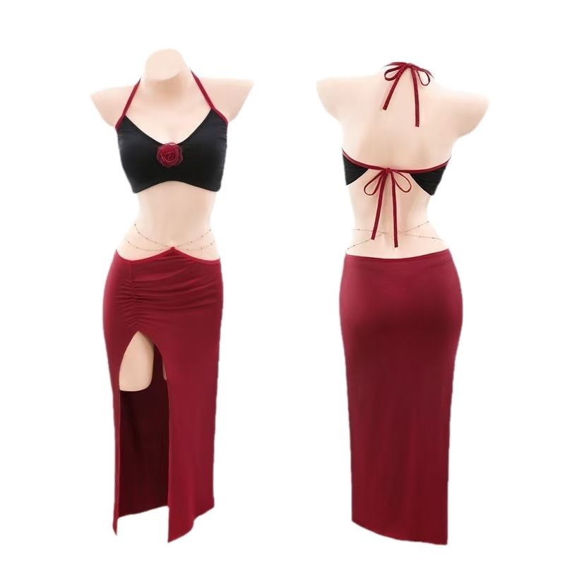 Rose Lady Backless Slit Cheongsam-Style Lingerie Dress with Briefs - Image 5